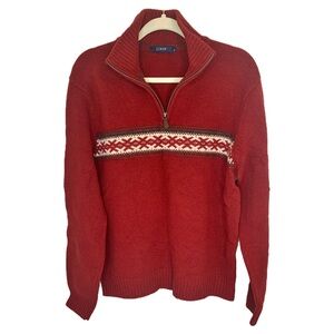 J. Crew Lambswool Quarter Zip Red Sweater Half Fair Isle Christmas Lambs Wool XL